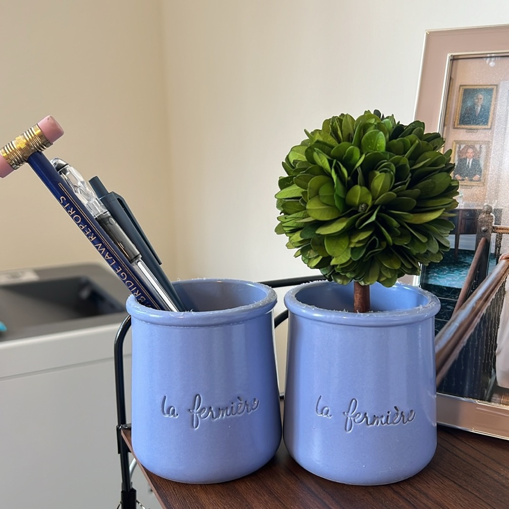 Set of 2 La Fermiere Terracotta Pots - Blue/Purple Engraved Glazed Clay Crocks